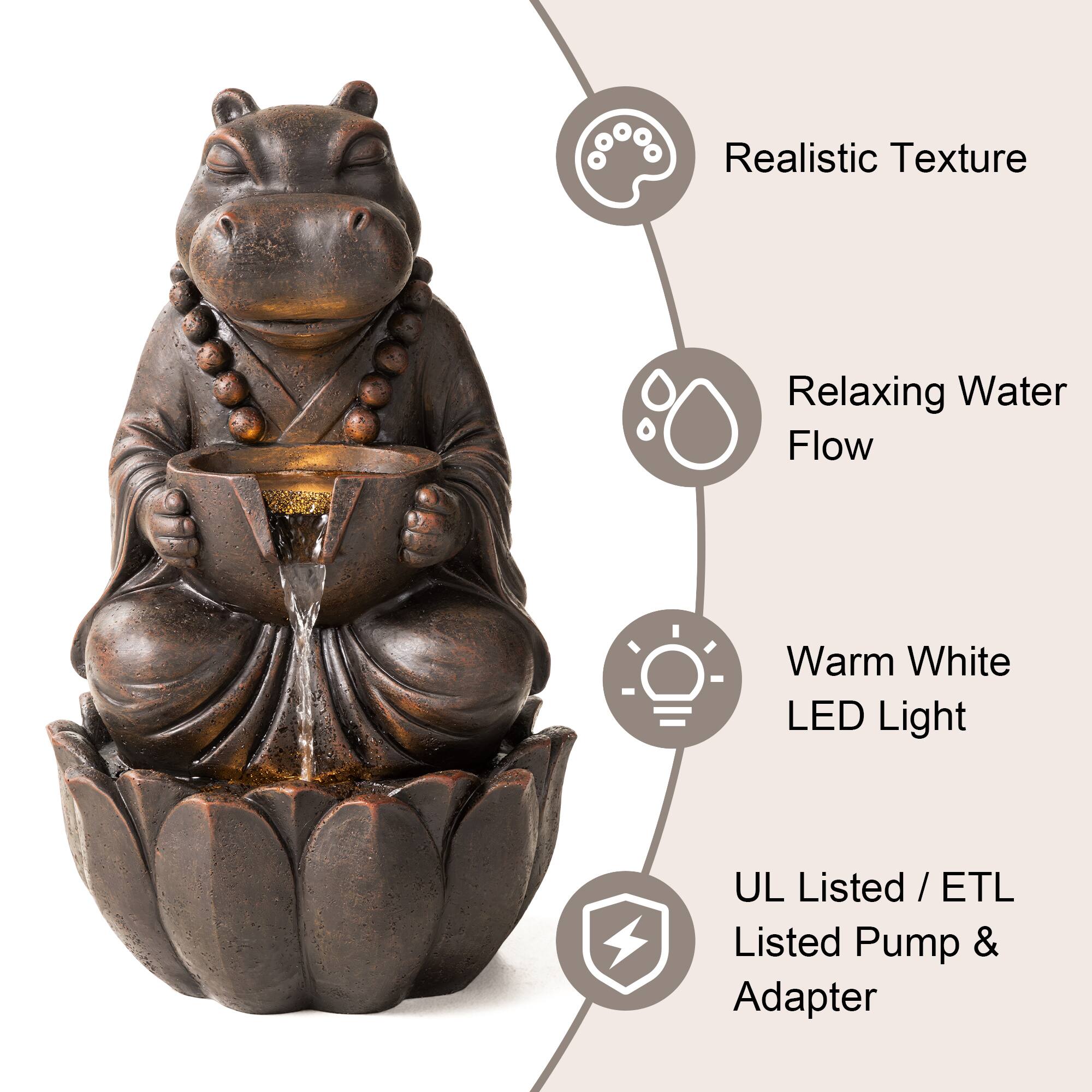 Glitzhome® 21.75" Zen-Style LED 2-Tier Bronze Hippo Outdoor Fountain